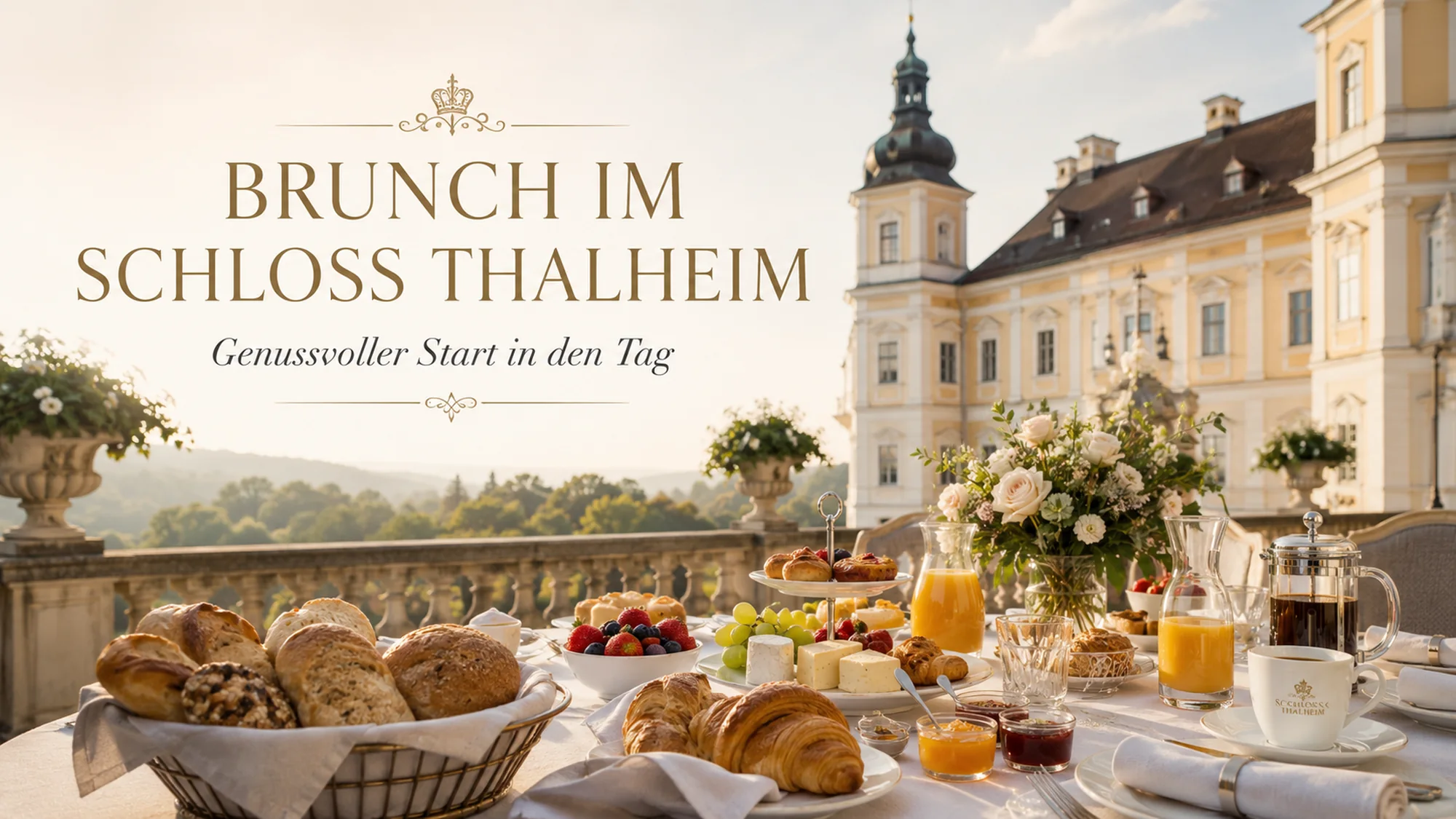 Gedeckter Brunch-Tisch auf der Terrasse von Schloss Thalheim